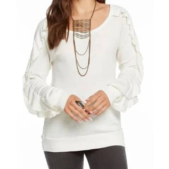 Chaser Lightest Pink V Neck Long Ruffle Sleeve Shirt - M - Picture 6 of 7